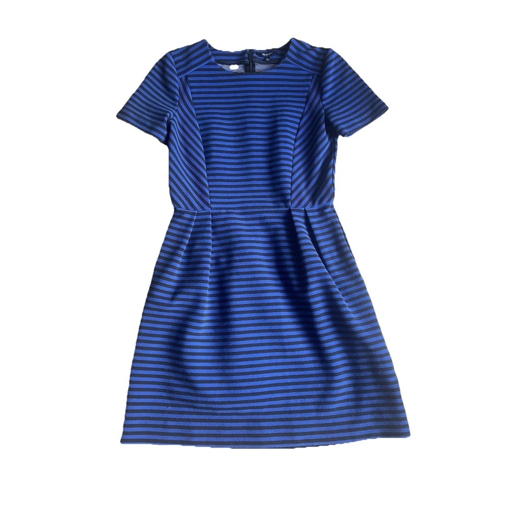Madewell Gallerist Ponte Dress Size 4 Blue Black Stripe Short Sleeve Pockets